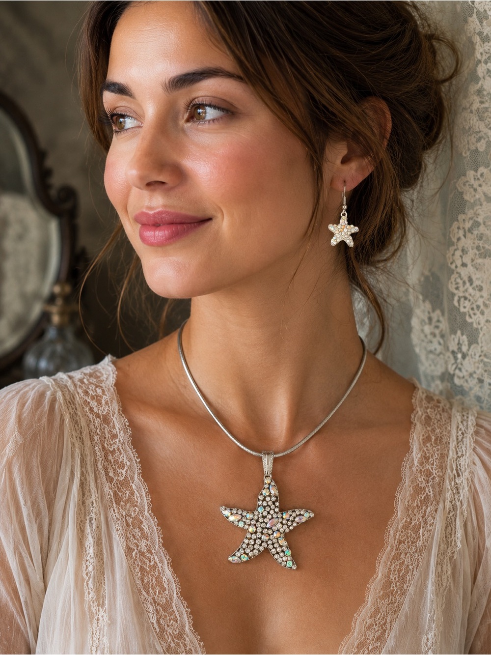 Crystal Starfish Iridescent Silvertone Necklace & Earrings Coastal Glam - Picture 1 of 6